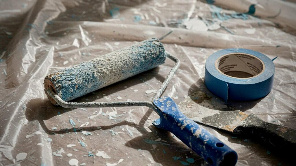 Käytetyt työkalut (Kokemus) Ammattilaisen käytetyt maalausvälineet, tela ja suojamuovi, jotka osoittavat kokemusta kodin pienremonteista.